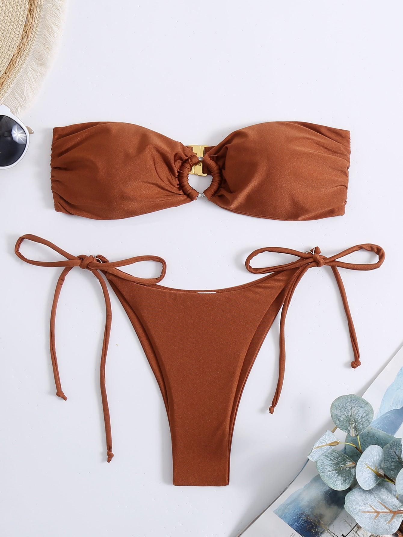 Ladies Solid Color Metal Rings Bikini Set 67691 - SWEETKAMA