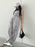 Ladies Solid Color Pockets Wide Leg Loose Pants C-K2051 - SWEETKAMA