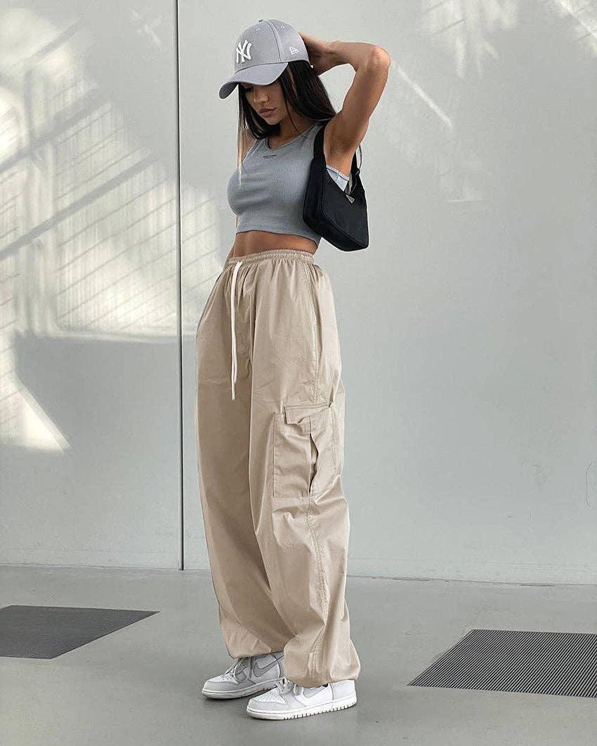 Ladies Solid Color Pockets Wide Leg Loose Pants C-K2051 - SWEETKAMA