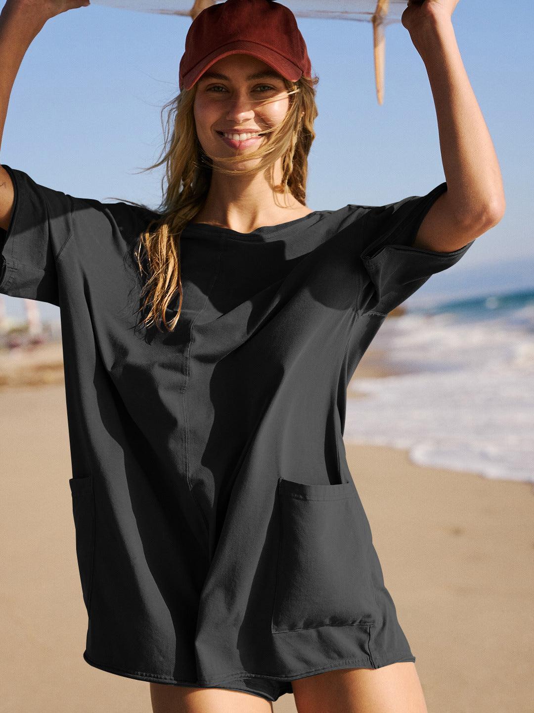 Ladies Solid Color Short Sleeves Romper EKBI - SWEETKAMA