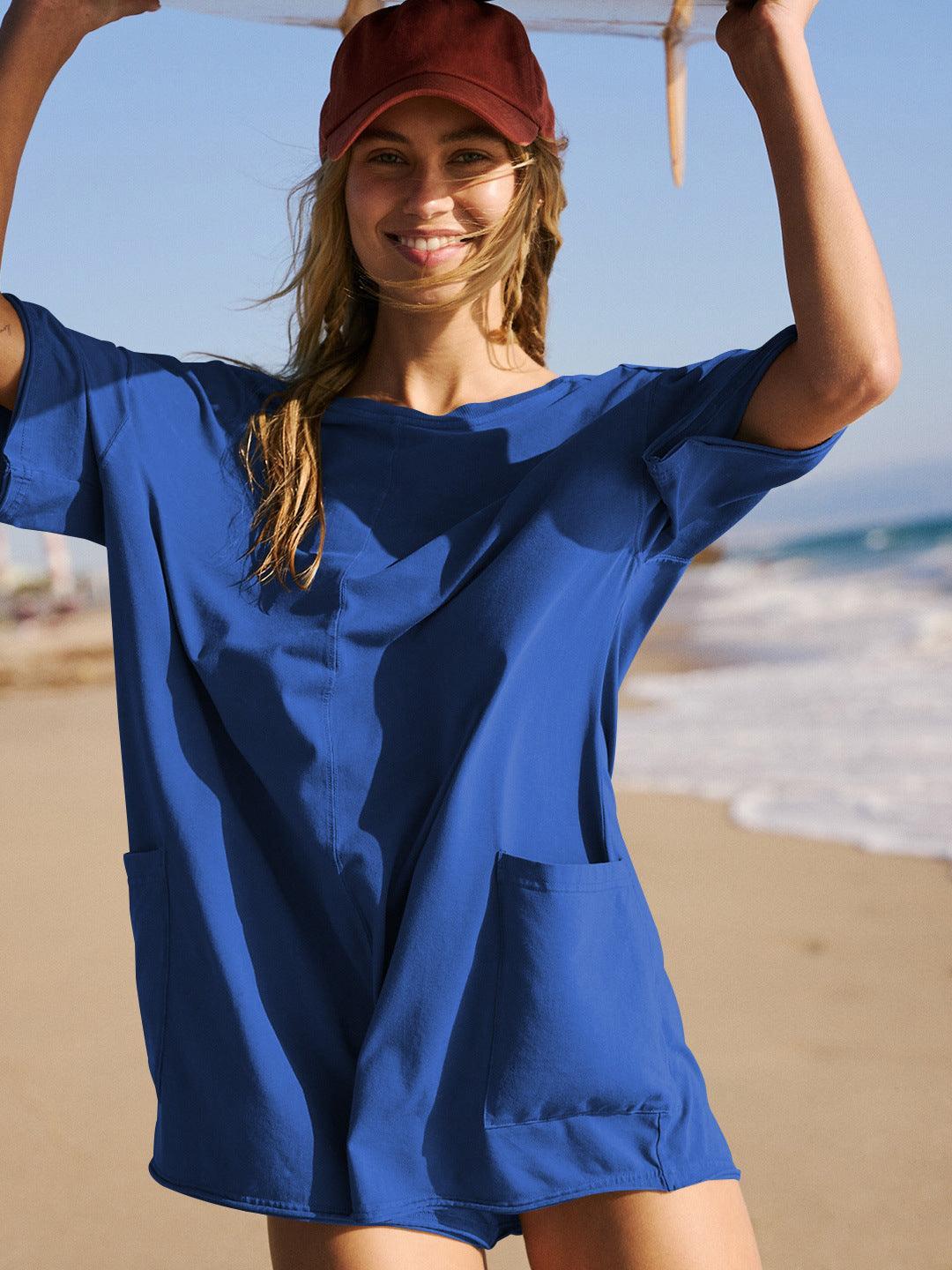 Ladies Solid Color Short Sleeves Romper EKBI - SWEETKAMA