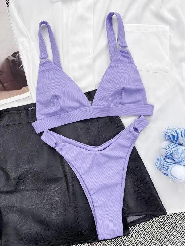 Ladies Solid Color Shoulder Straps Bikini Set 3083 - SWEETKAMA