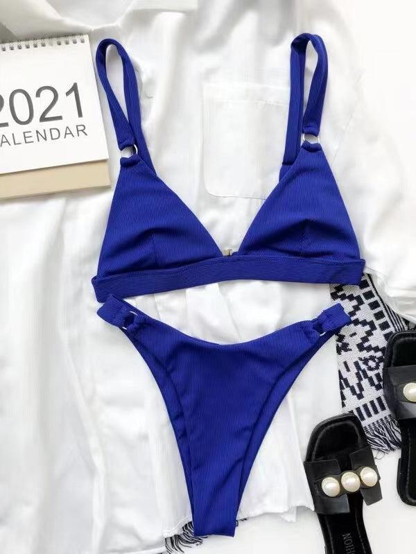 Ladies Solid Color Shoulder Straps Bikini Set 3083 - SWEETKAMA