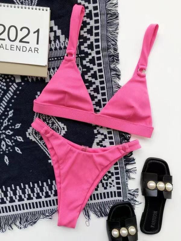 Ladies Solid Color Shoulder Straps Bikini Set 3083 - SWEETKAMA