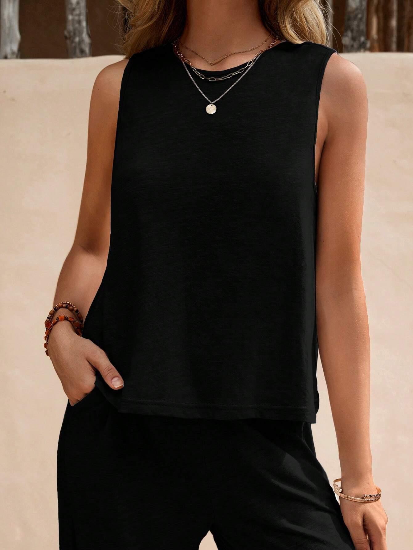 Ladies Solid Color Sleeveless Vest and Pants Sets AXR366 - SWEETKAMA