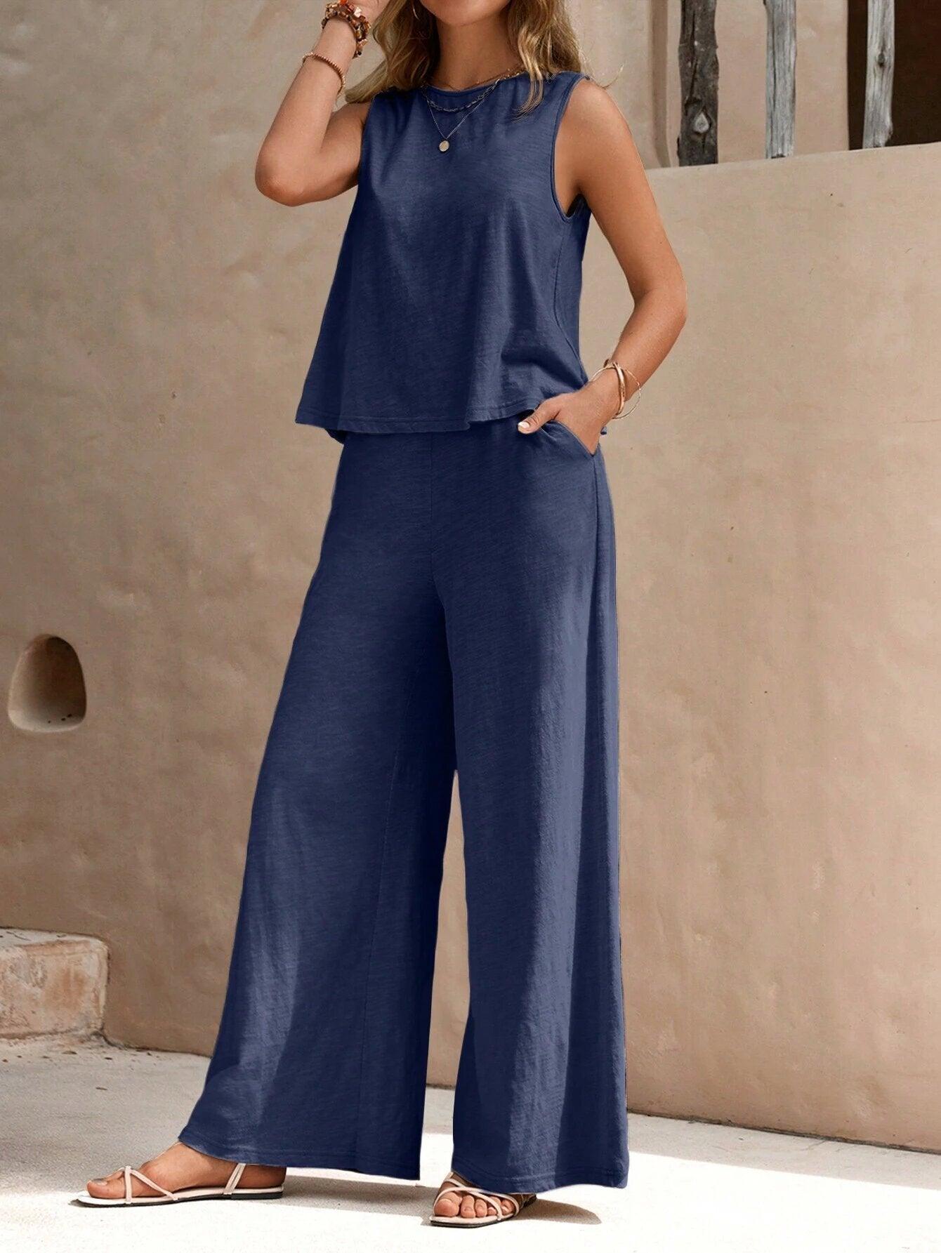 Ladies Solid Color Sleeveless Vest and Pants Sets AXR366 - SWEETKAMA