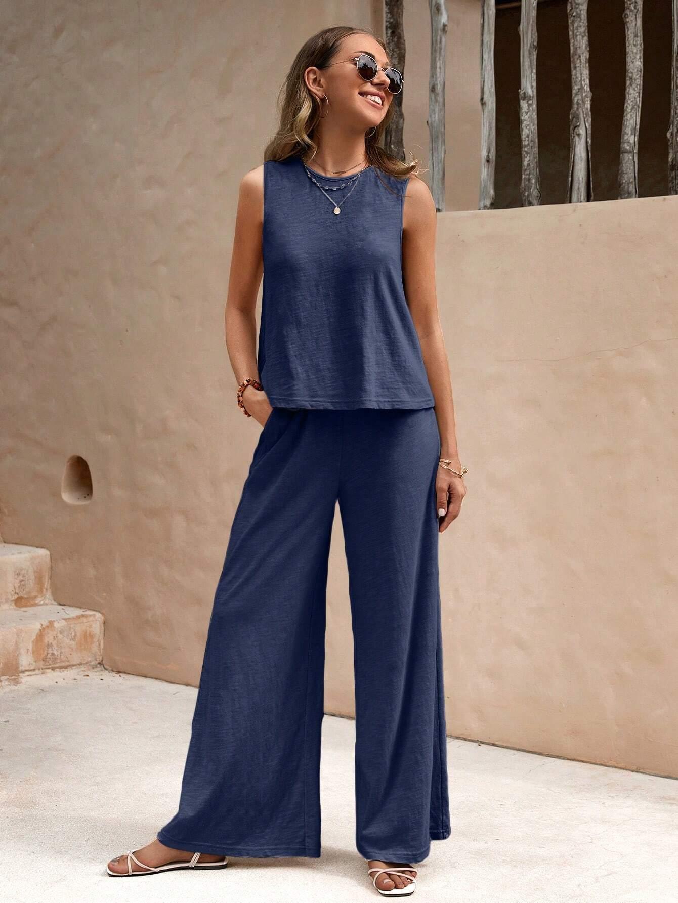Ladies Solid Color Sleeveless Vest and Pants Sets AXR366 - SWEETKAMA