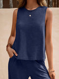 Ladies Solid Color Sleeveless Vest and Pants Sets AXR366 - SWEETKAMA