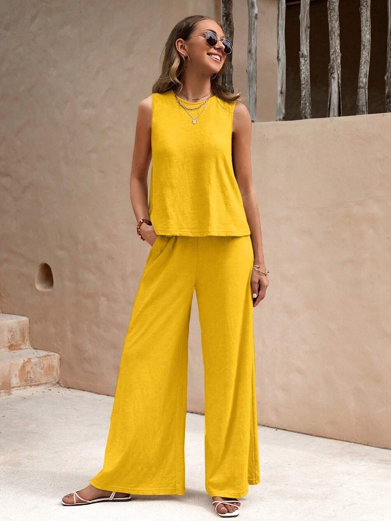 Ladies Solid Color Sleeveless Vest and Pants Sets AXR366 - SWEETKAMA