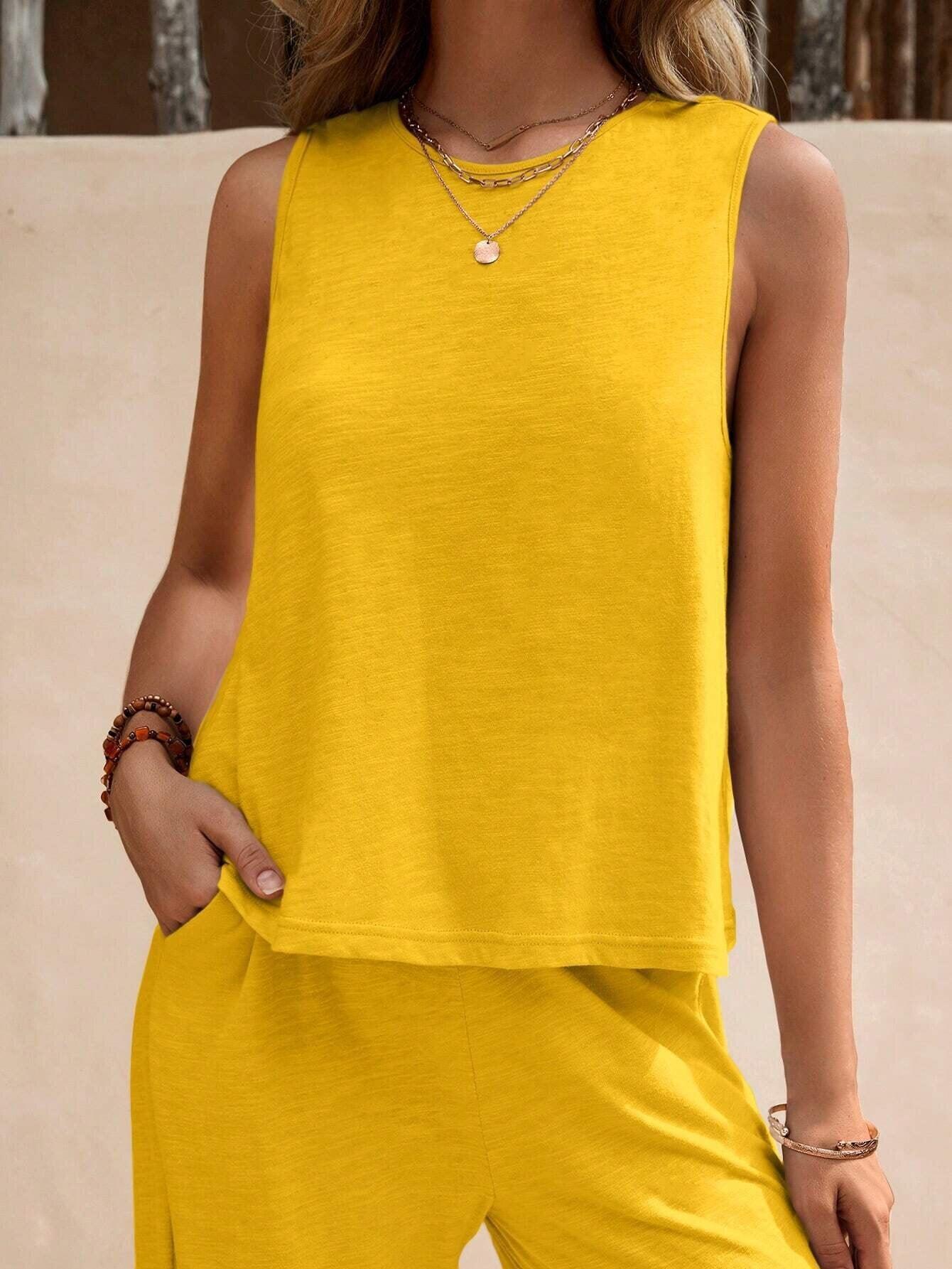 Ladies Solid Color Sleeveless Vest and Pants Sets AXR366 - SWEETKAMA