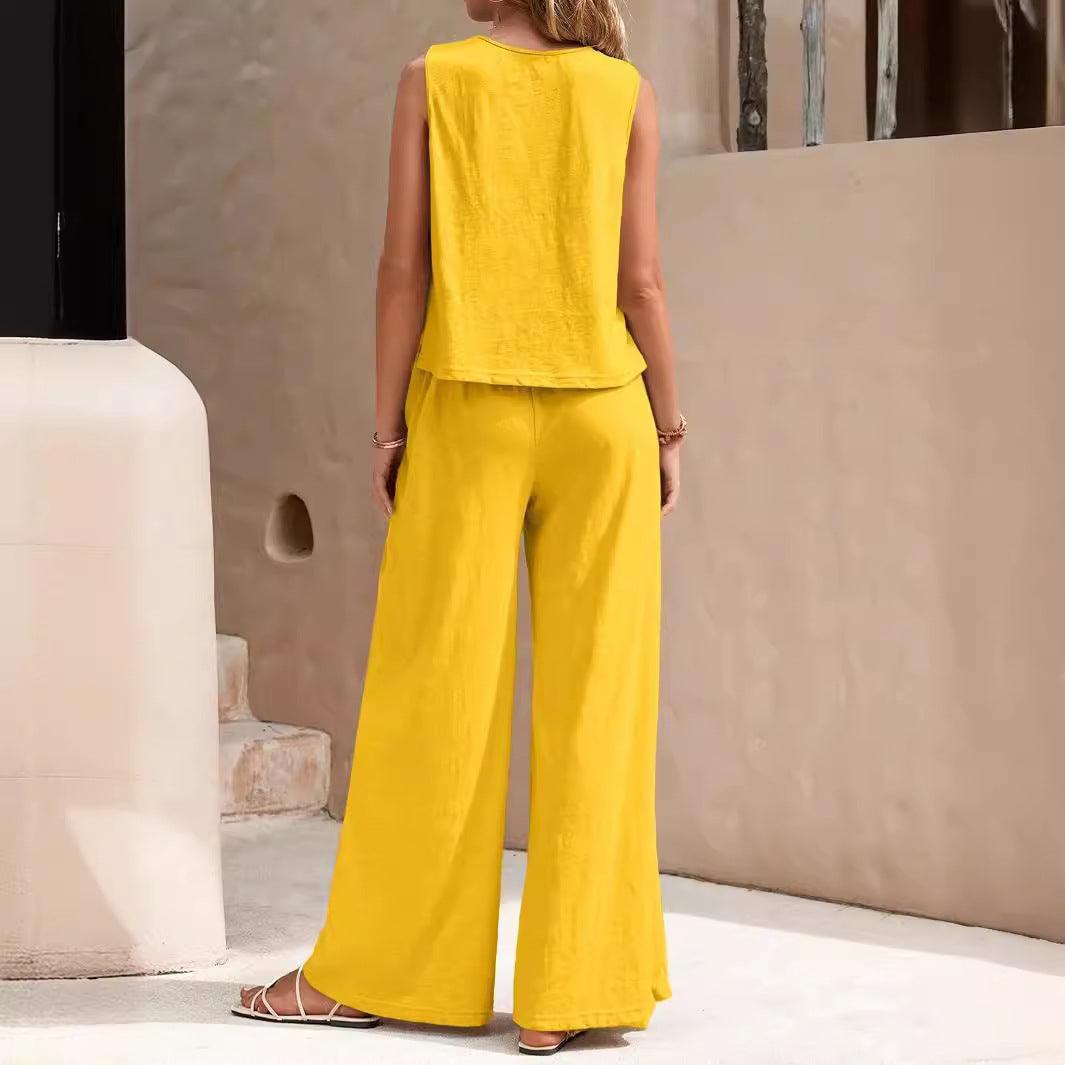 Ladies Solid Color Sleeveless Vest and Pants Sets AXR366 - SWEETKAMA