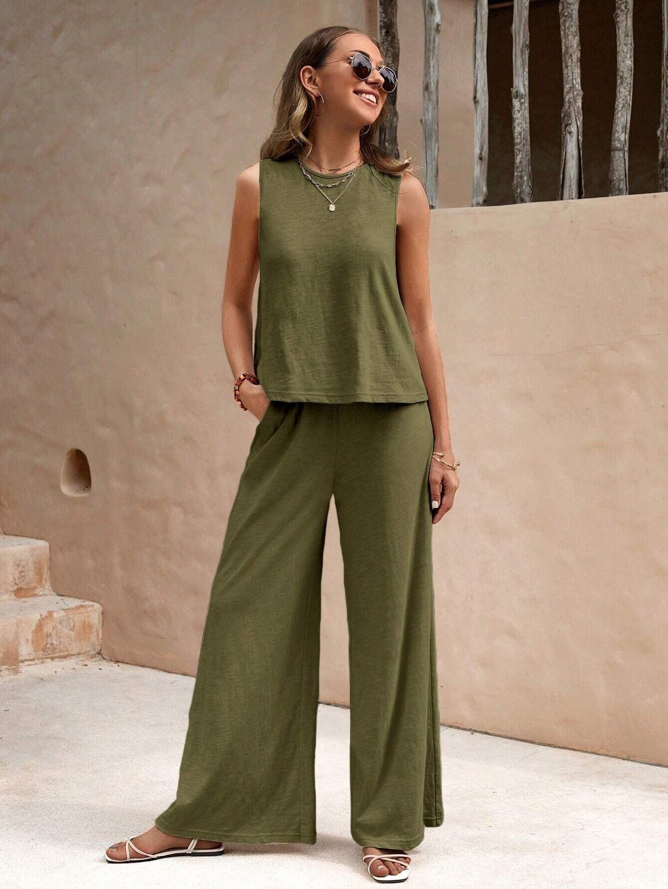 Ladies Solid Color Sleeveless Vest and Pants Sets AXR366 - SWEETKAMA