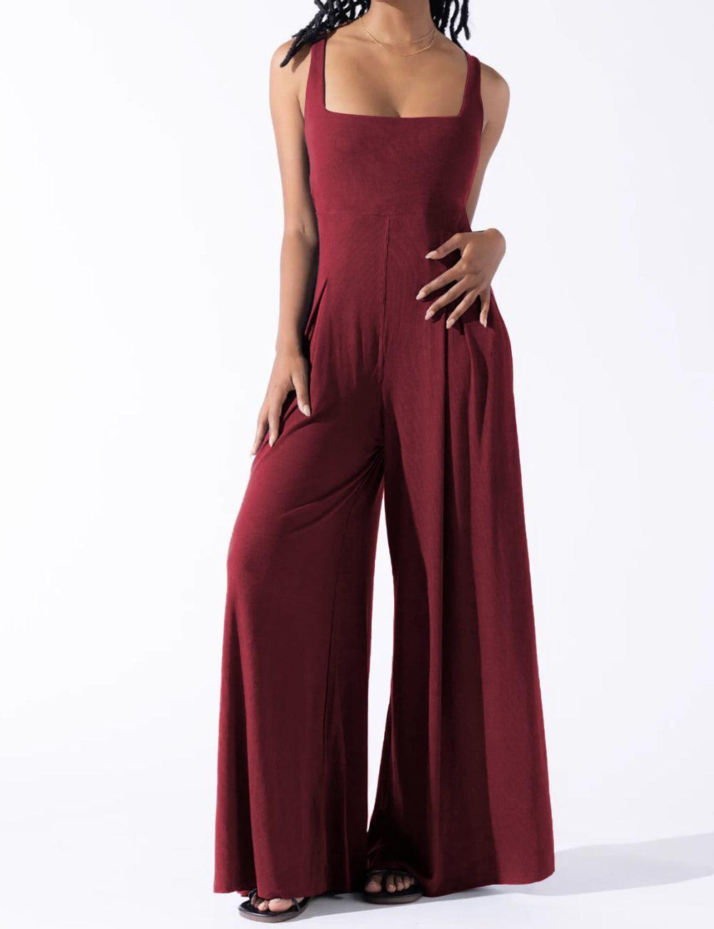 Ladies Solid Color Square Neck Jumpsuit EKDD - SWEETKAMA