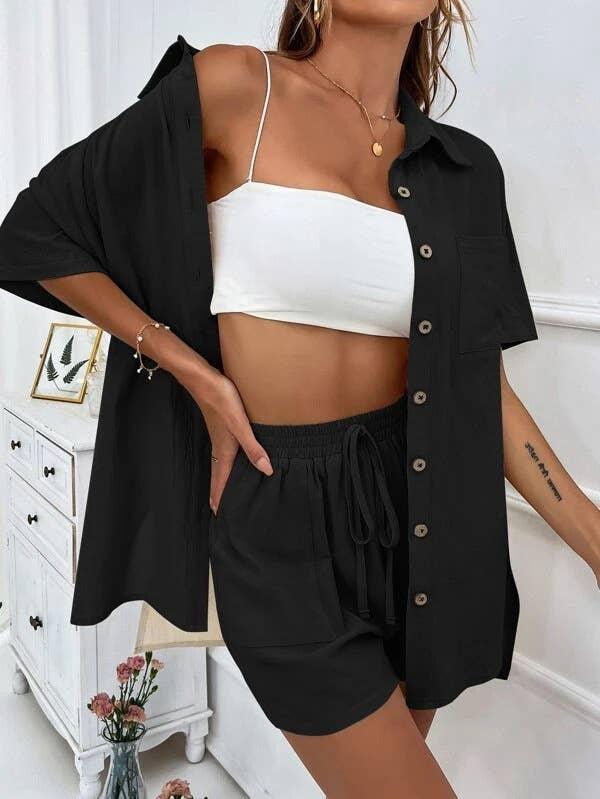 Ladies Solid Color Top and Short Set Daily Set 23123 - SWEETKAMA