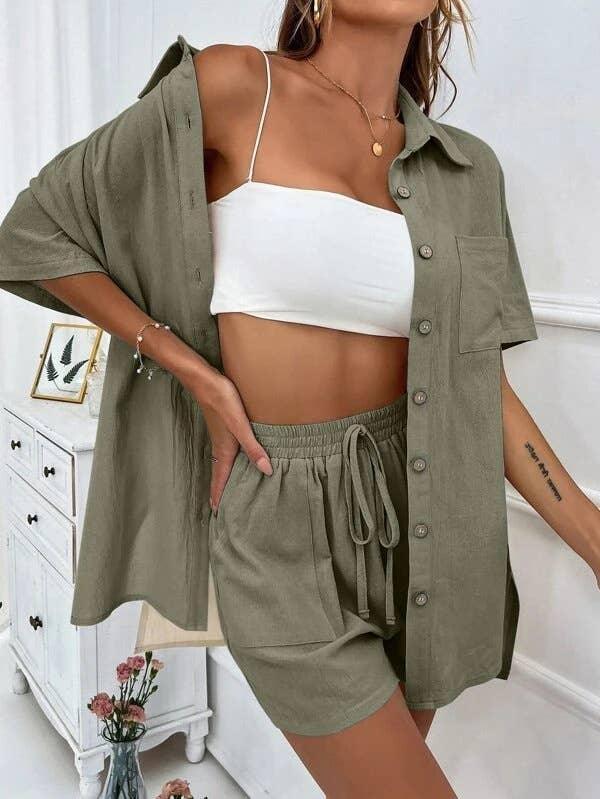 Ladies Solid Color Top and Short Set Daily Set 23123 - SWEETKAMA