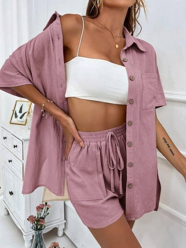 Ladies Solid Color Top and Short Set Daily Set 23123 - SWEETKAMA