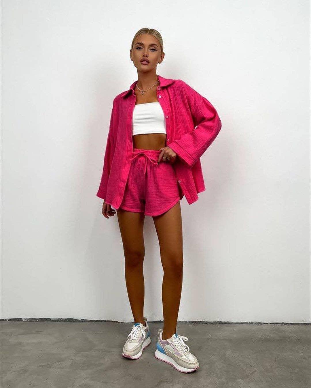 Ladies Solid Color Top and Shorts Daily Set FF230415 - SWEETKAMA