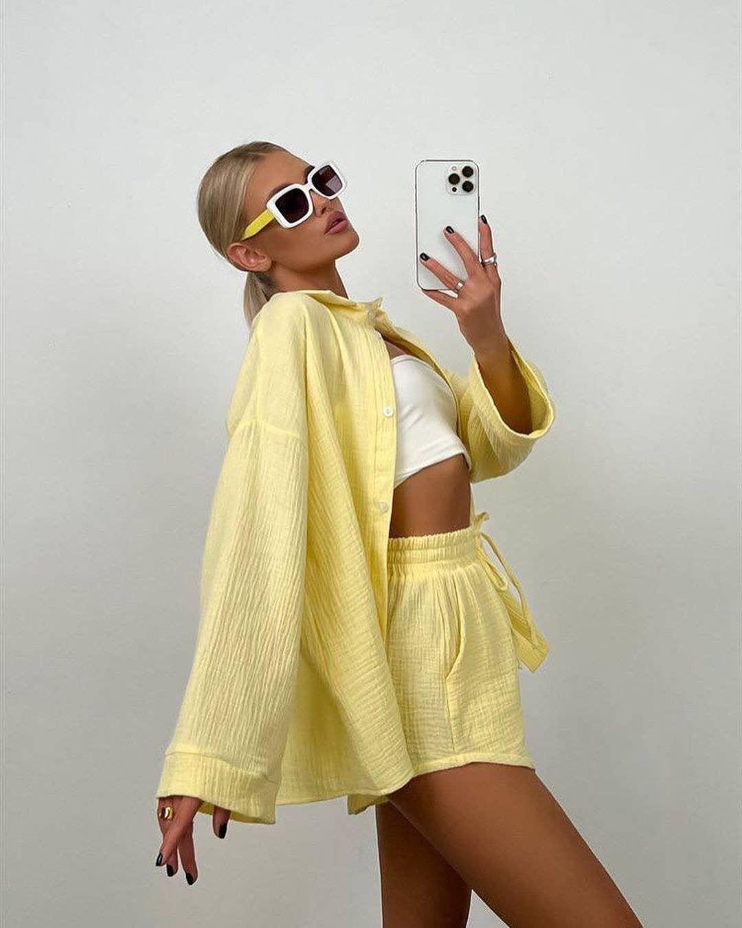Ladies Solid Color Top and Shorts Daily Set FF230415 - SWEETKAMA