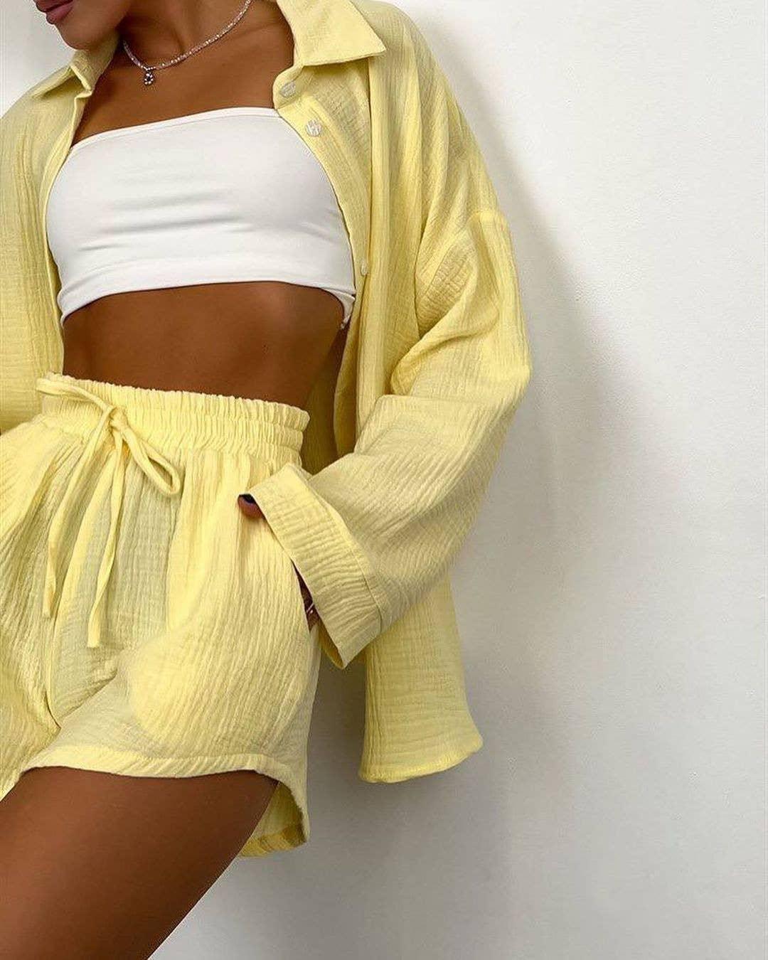 Ladies Solid Color Top and Shorts Daily Set FF230415 - SWEETKAMA