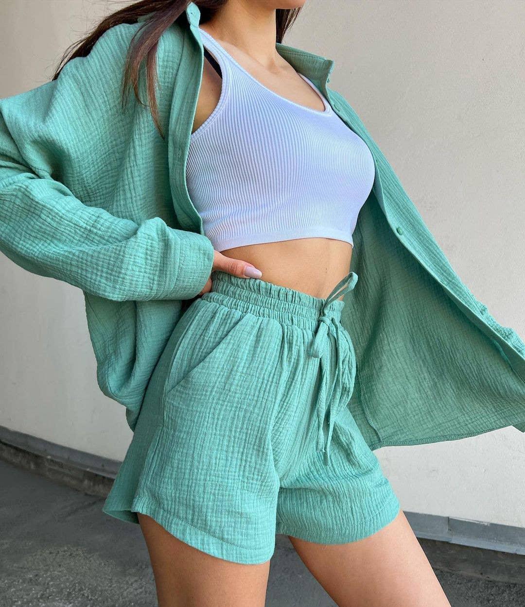 Ladies Solid Color Top and Shorts Daily Set FF230415 - SWEETKAMA