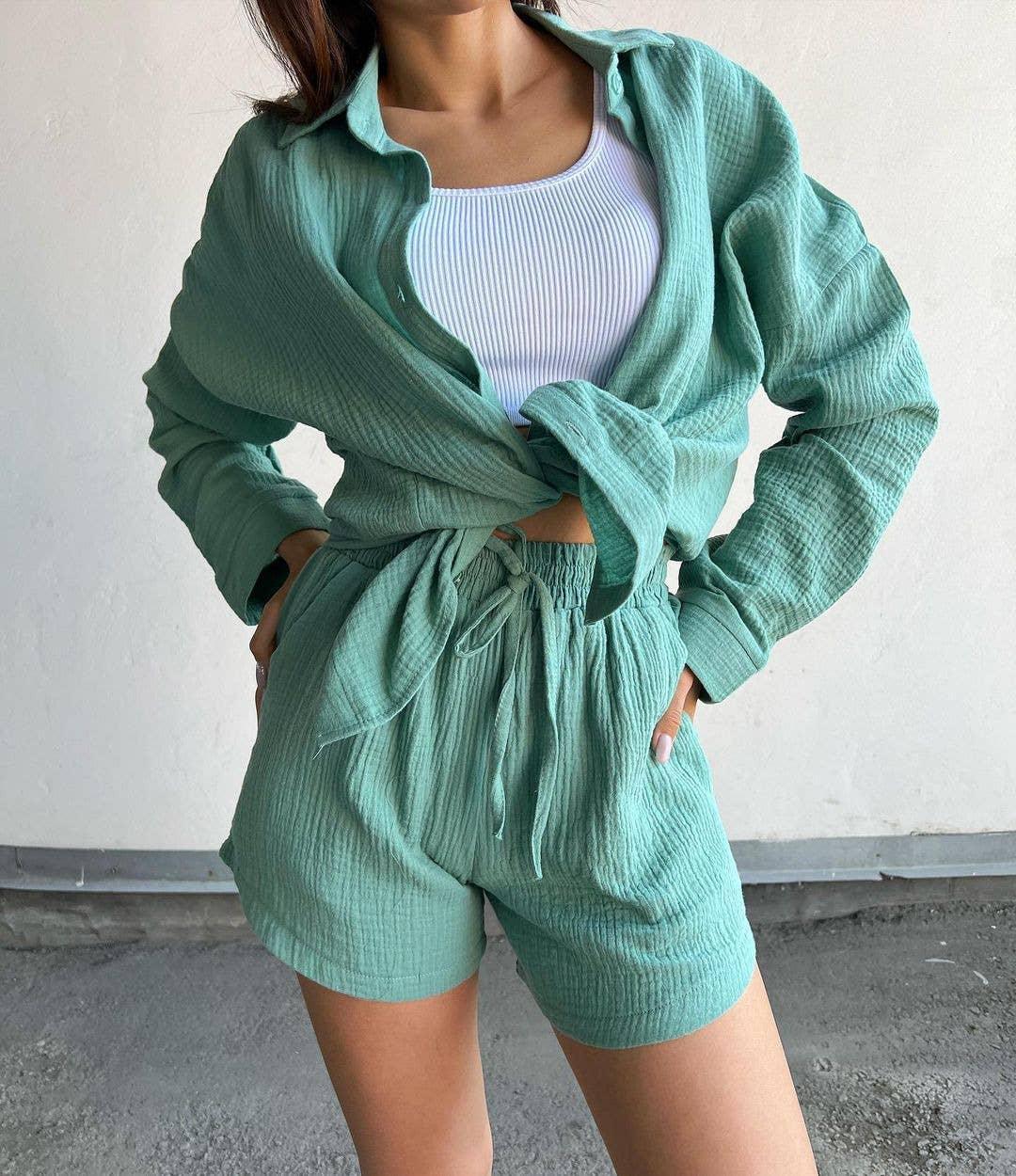 Ladies Solid Color Top and Shorts Daily Set FF230415 - SWEETKAMA
