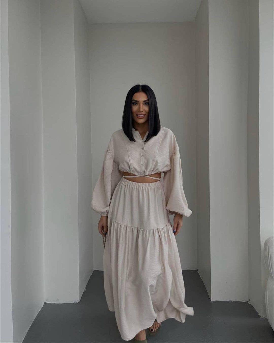 Ladies Solid Color Top & Skirt Set Daily Set TZ8015 - SWEETKAMA