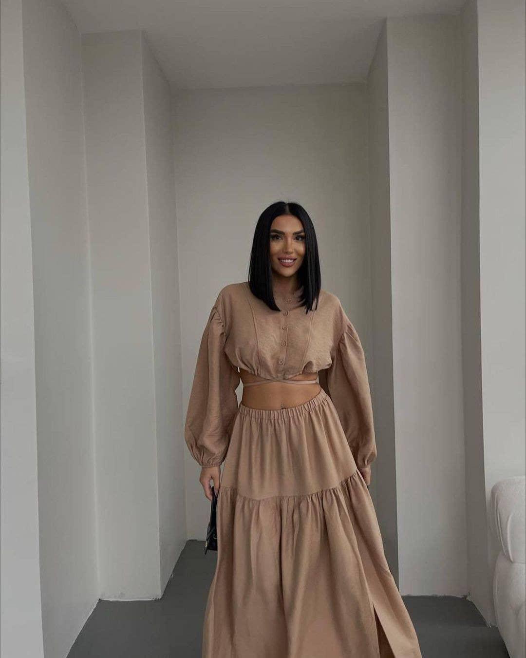 Ladies Solid Color Top & Skirt Set Daily Set TZ8015 - SWEETKAMA