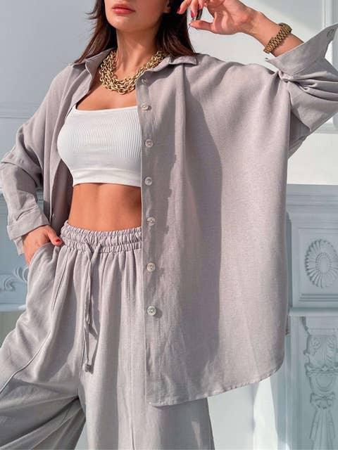 Ladies Solid Color Top Pant 2PCS Set 7395 - SWEETKAMA