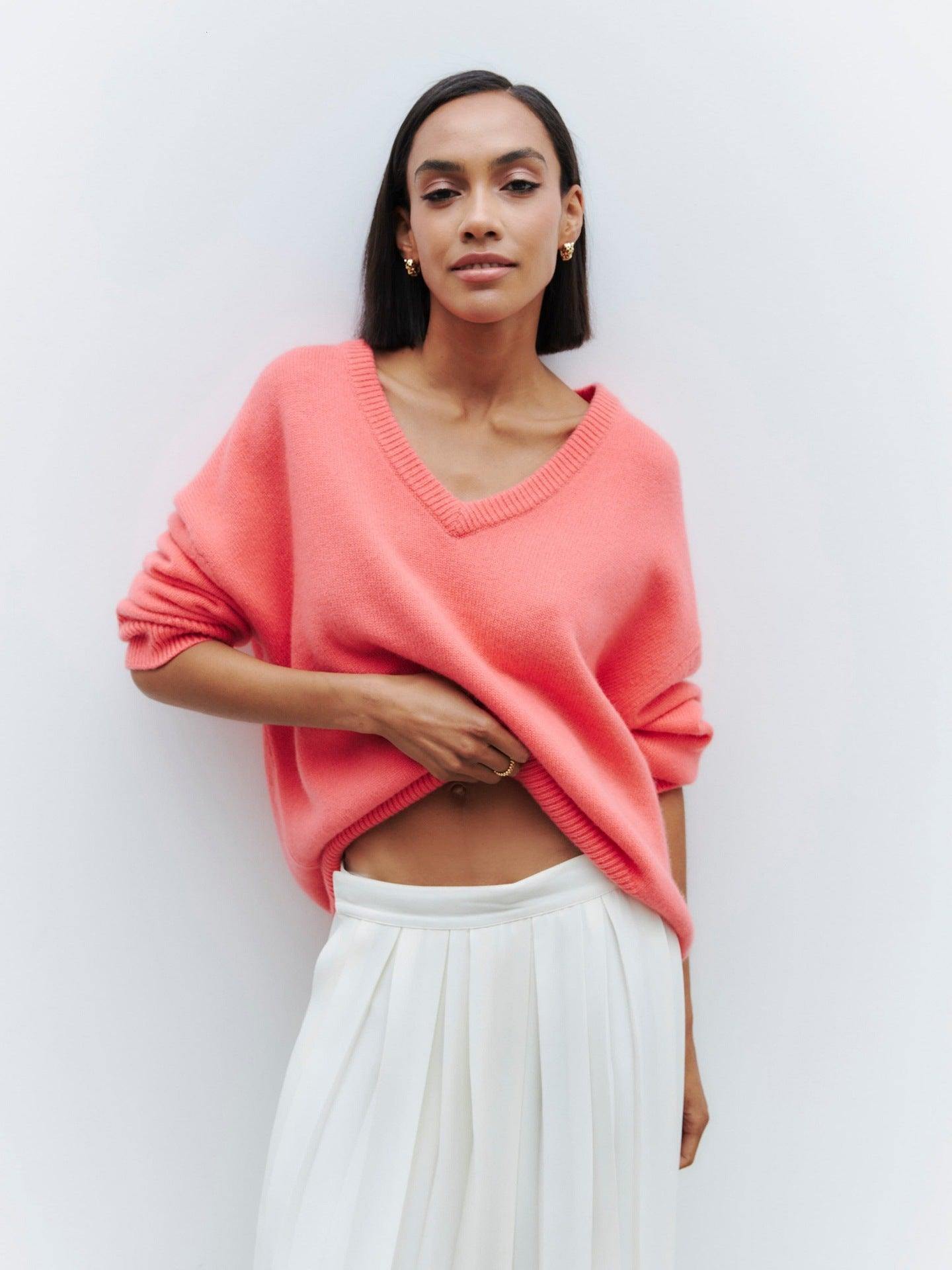 Ladies Solid Color V Neck Knit Sweater 015 - SWEETKAMA