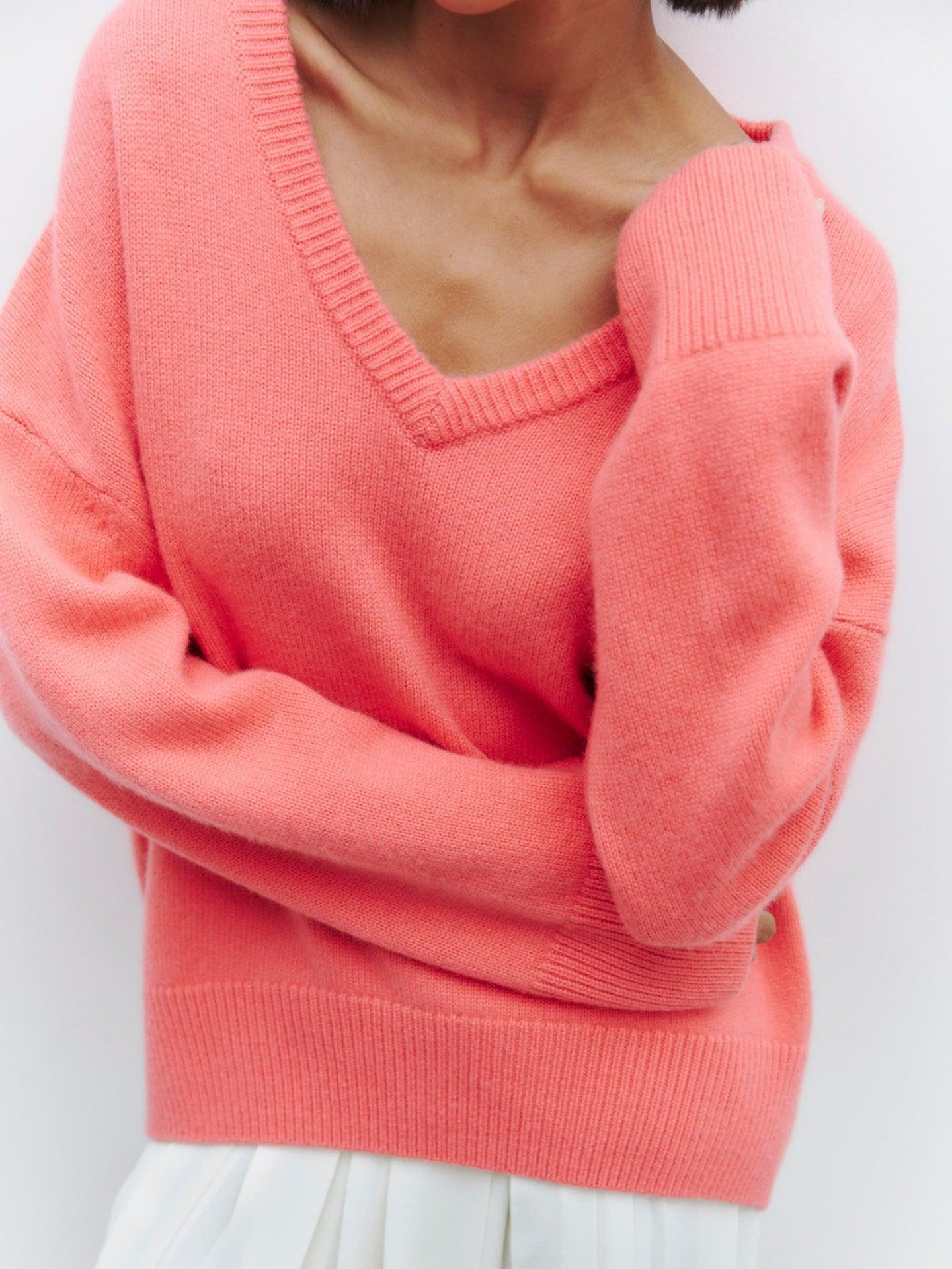 Ladies Solid Color V Neck Knit Sweater 015 - SWEETKAMA