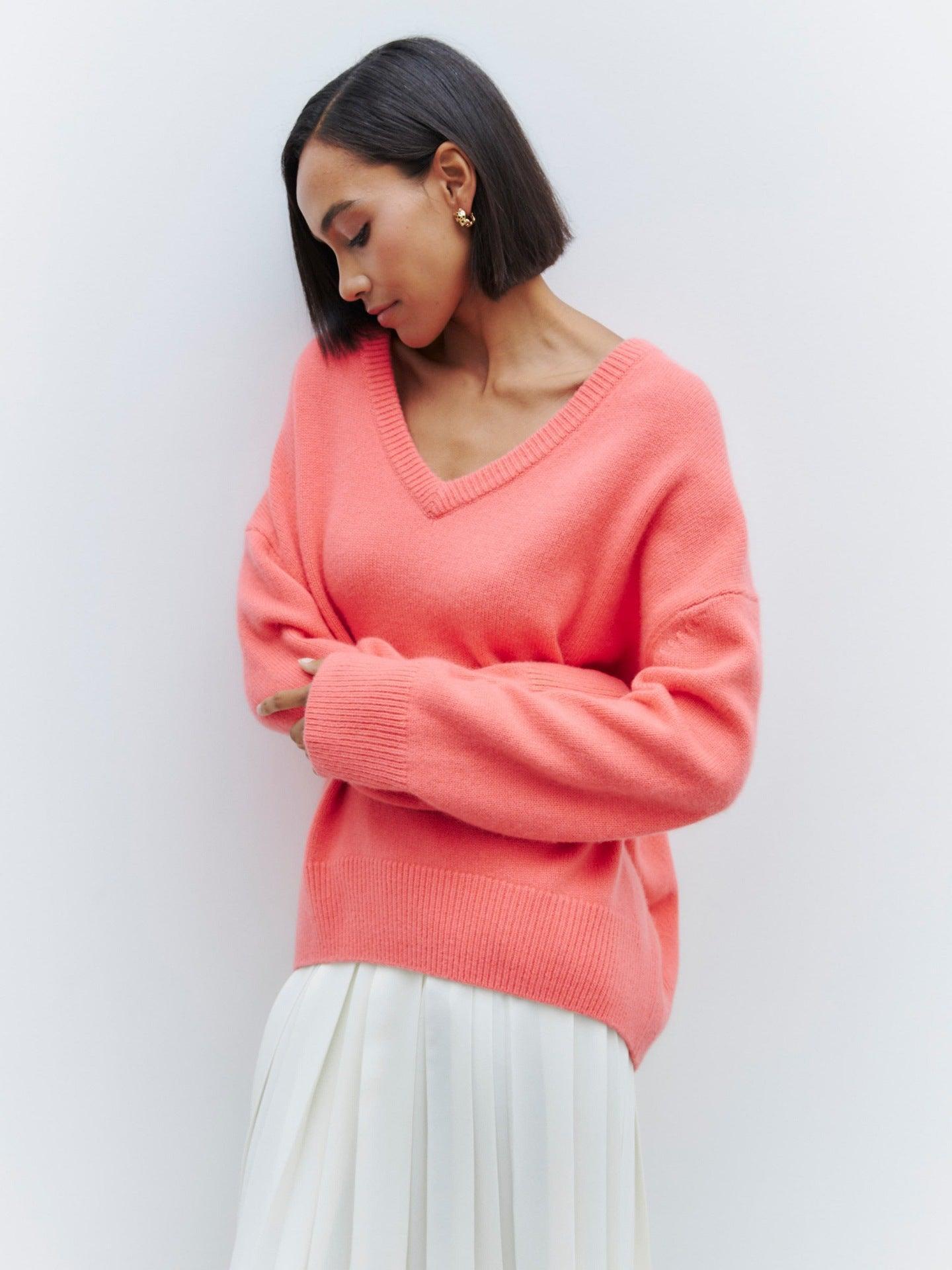 Ladies Solid Color V Neck Knit Sweater 015 - SWEETKAMA