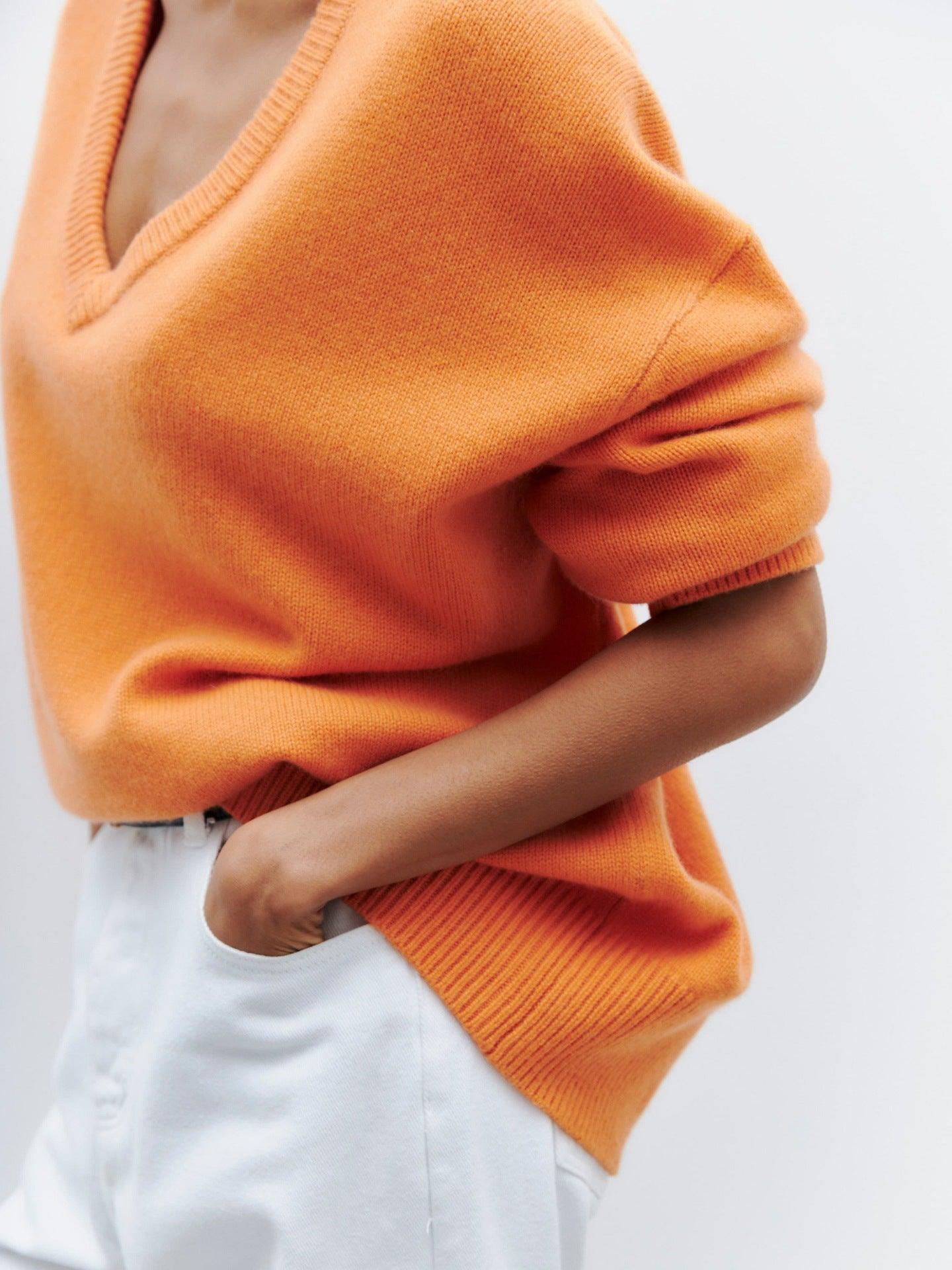 Ladies Solid Color V Neck Knit Sweater 015 - SWEETKAMA