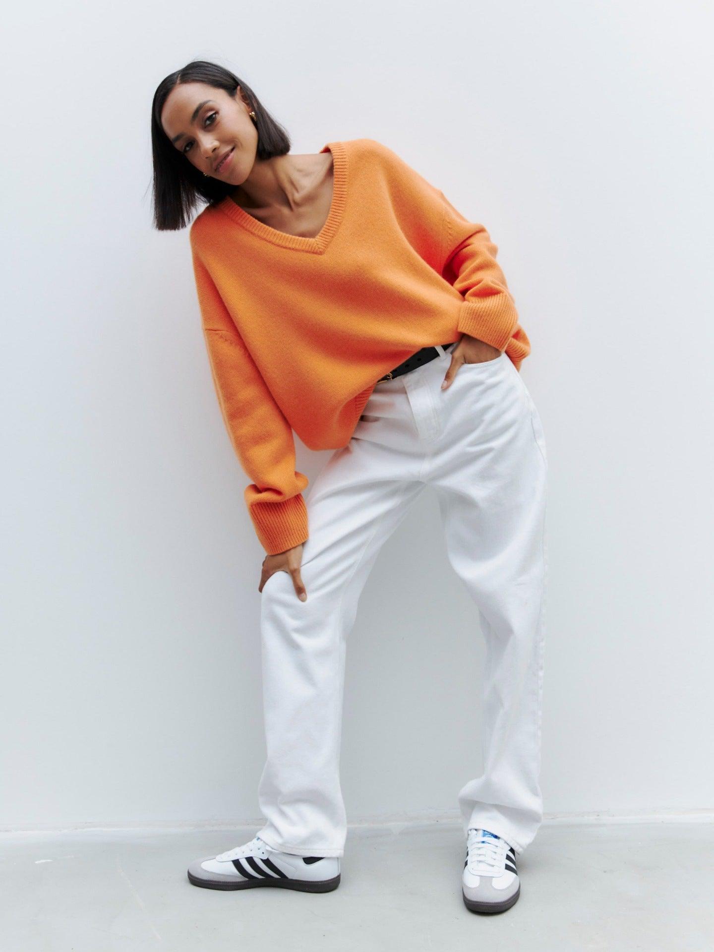 Ladies Solid Color V Neck Knit Sweater 015 - SWEETKAMA