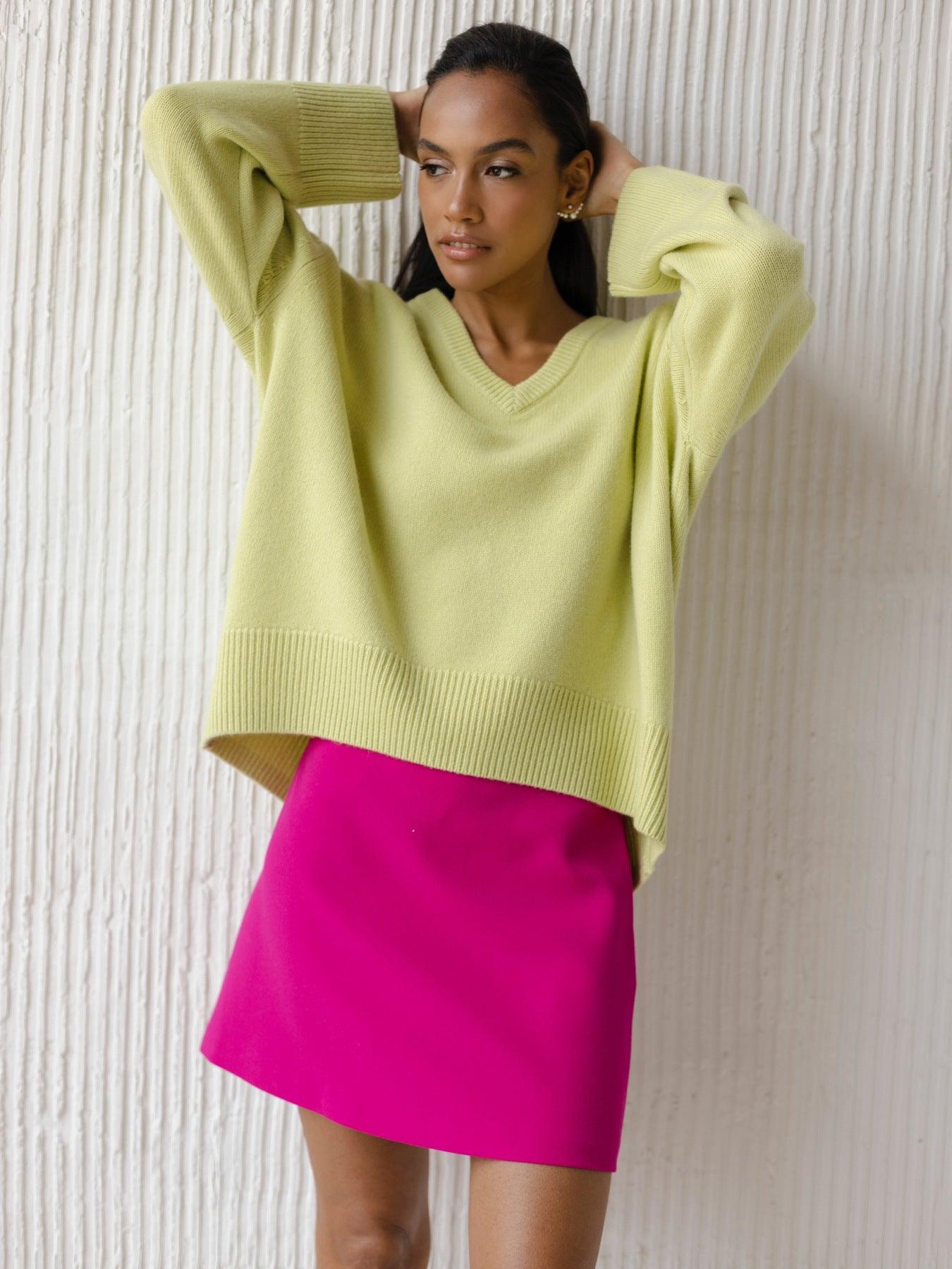 Ladies Solid Color V Neck Knit Sweater 015 - SWEETKAMA