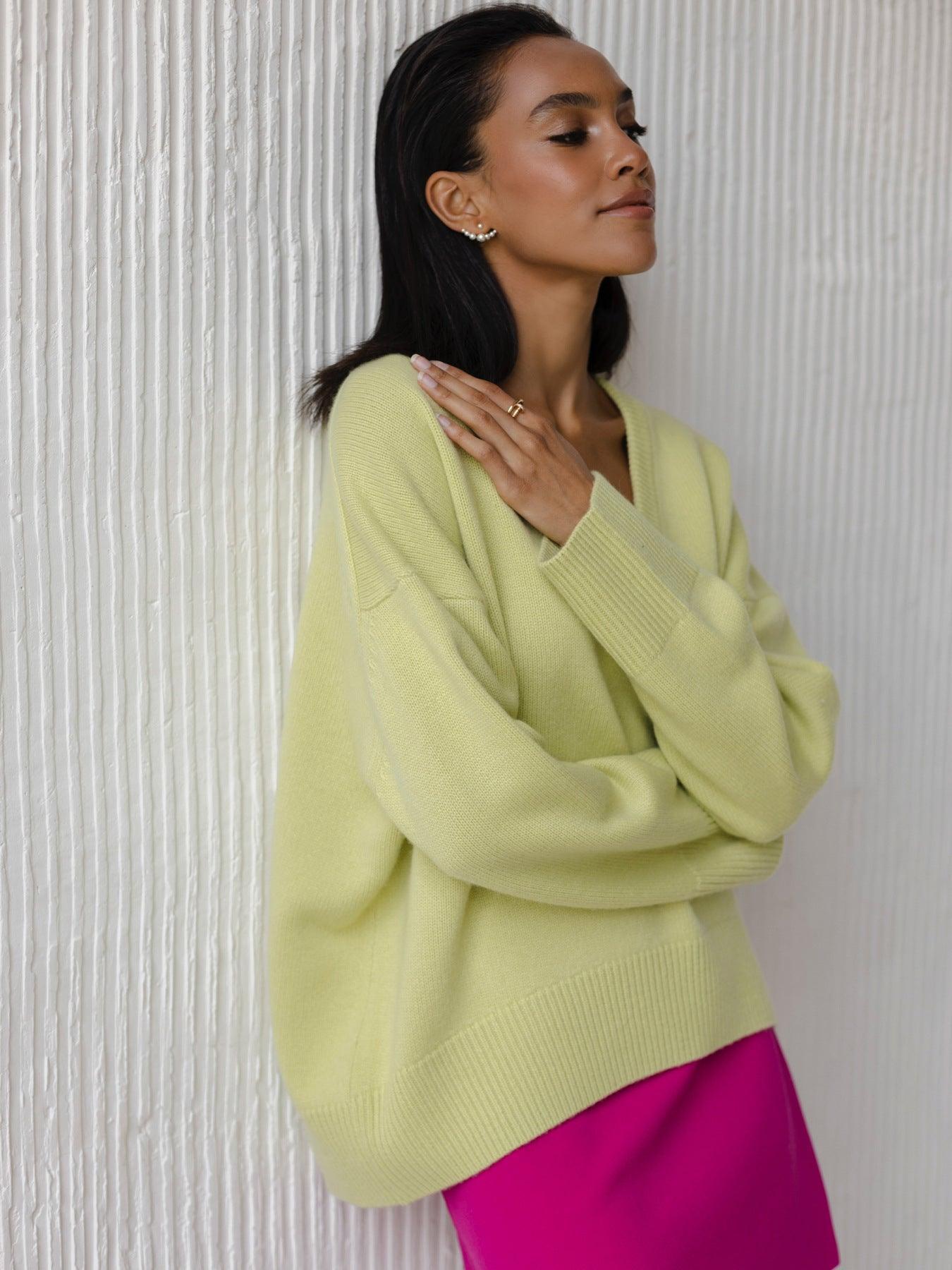 Ladies Solid Color V Neck Knit Sweater 015 - SWEETKAMA