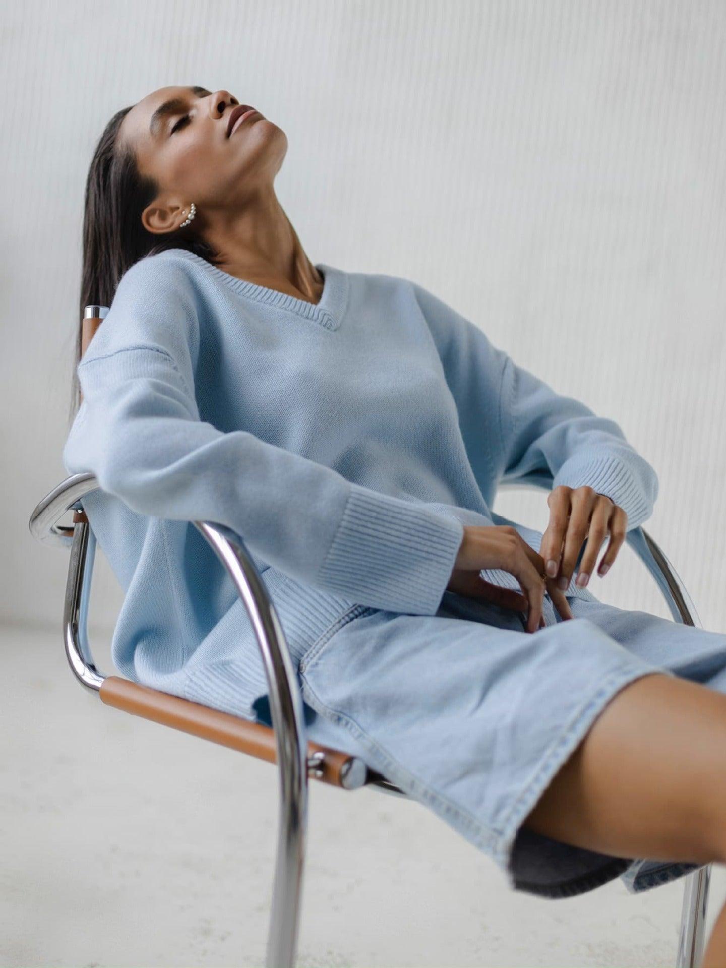 Ladies Solid Color V Neck Knit Sweater 015 - SWEETKAMA