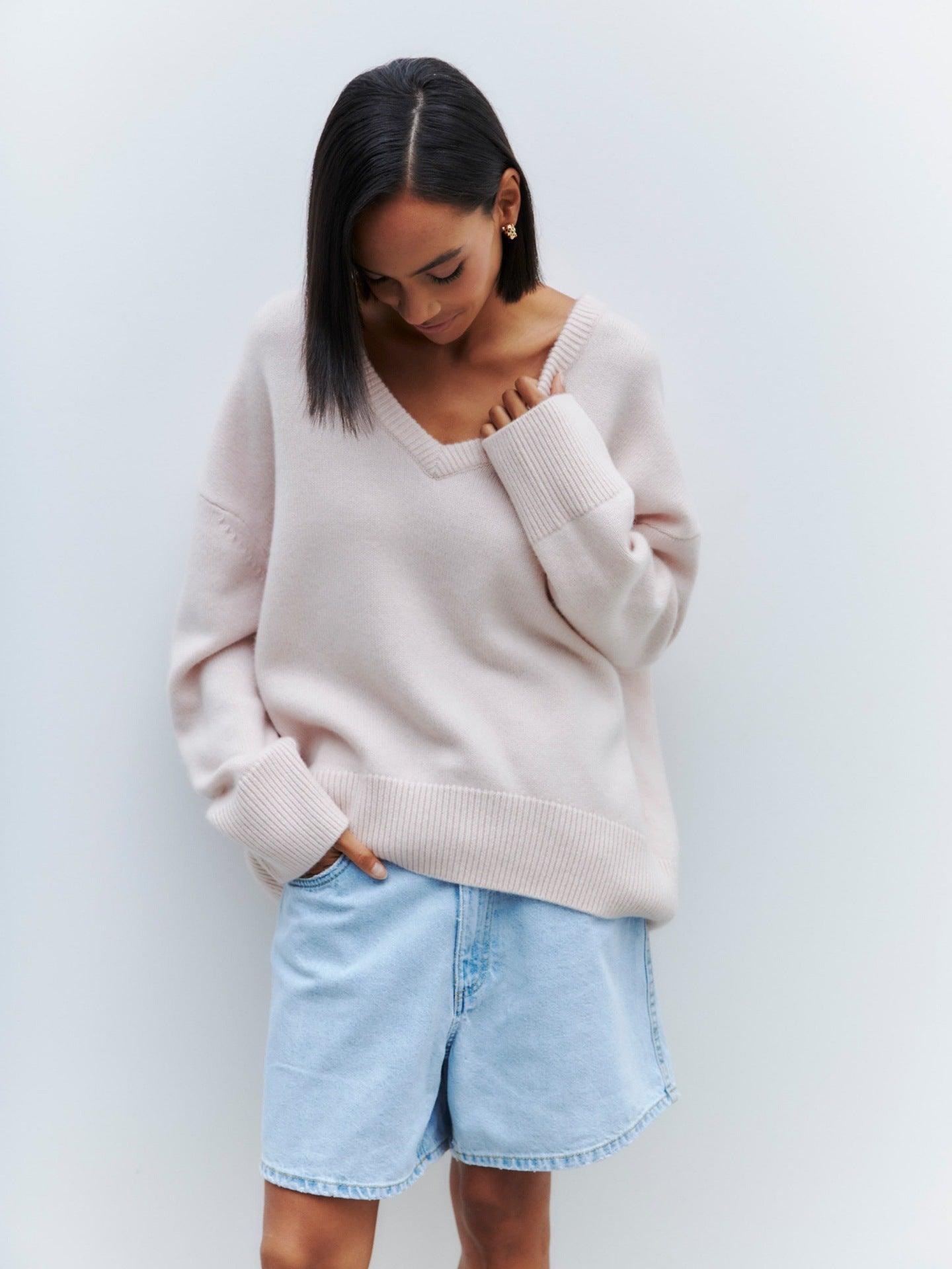 Ladies Solid Color V Neck Knit Sweater 015 - SWEETKAMA