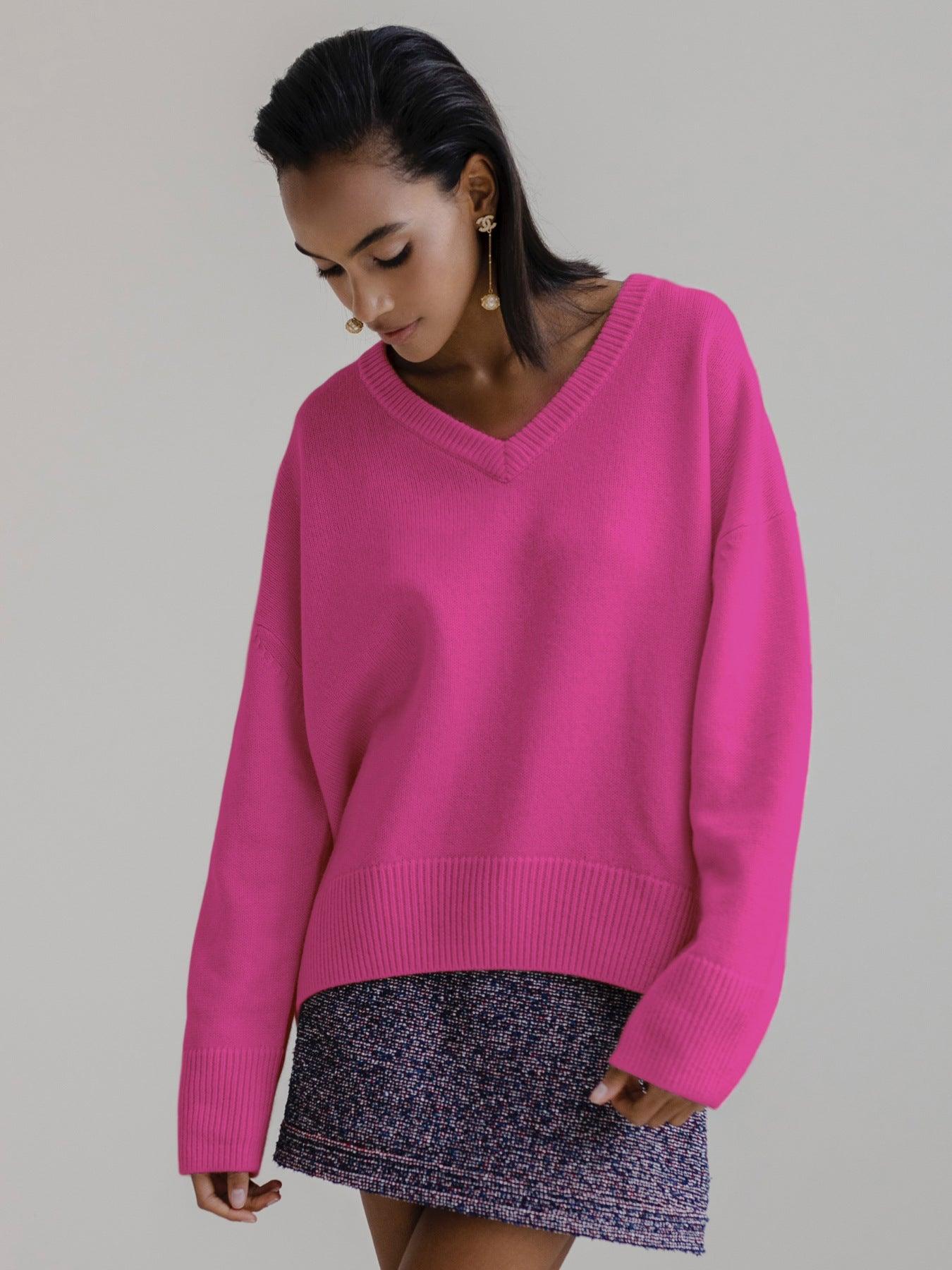 Ladies Solid Color V Neck Knit Sweater 015 - SWEETKAMA