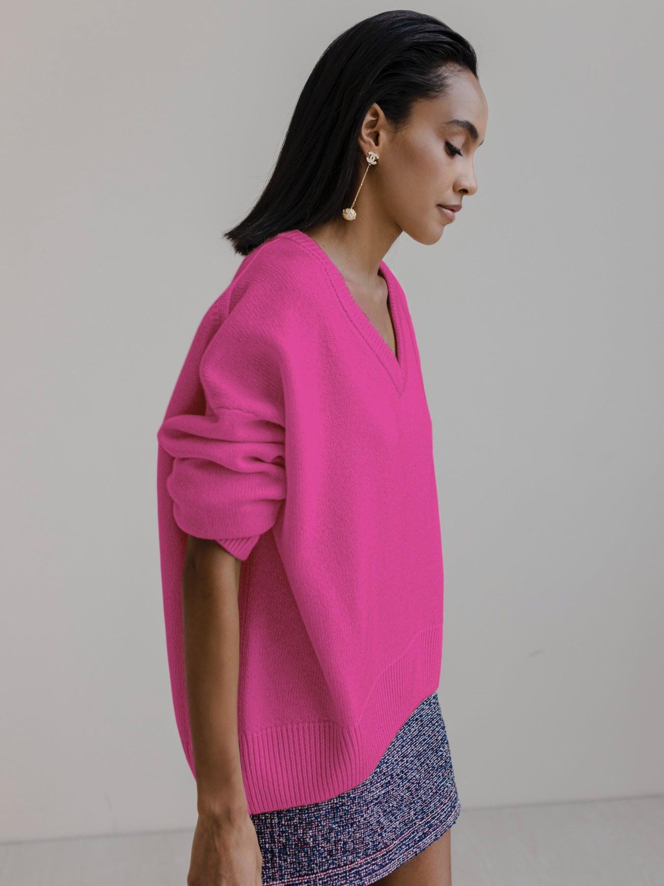 Ladies Solid Color V Neck Knit Sweater 015 - SWEETKAMA
