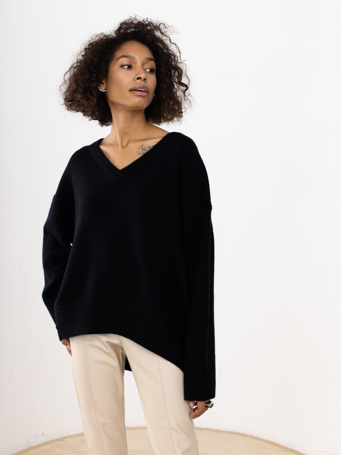 Ladies Solid Color V Neck Knit Sweater 015 - SWEETKAMA