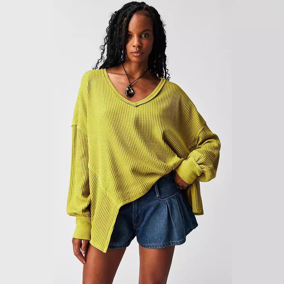Ladies Solid Color V-neck Slouchy Tee 0124 - SWEETKAMA