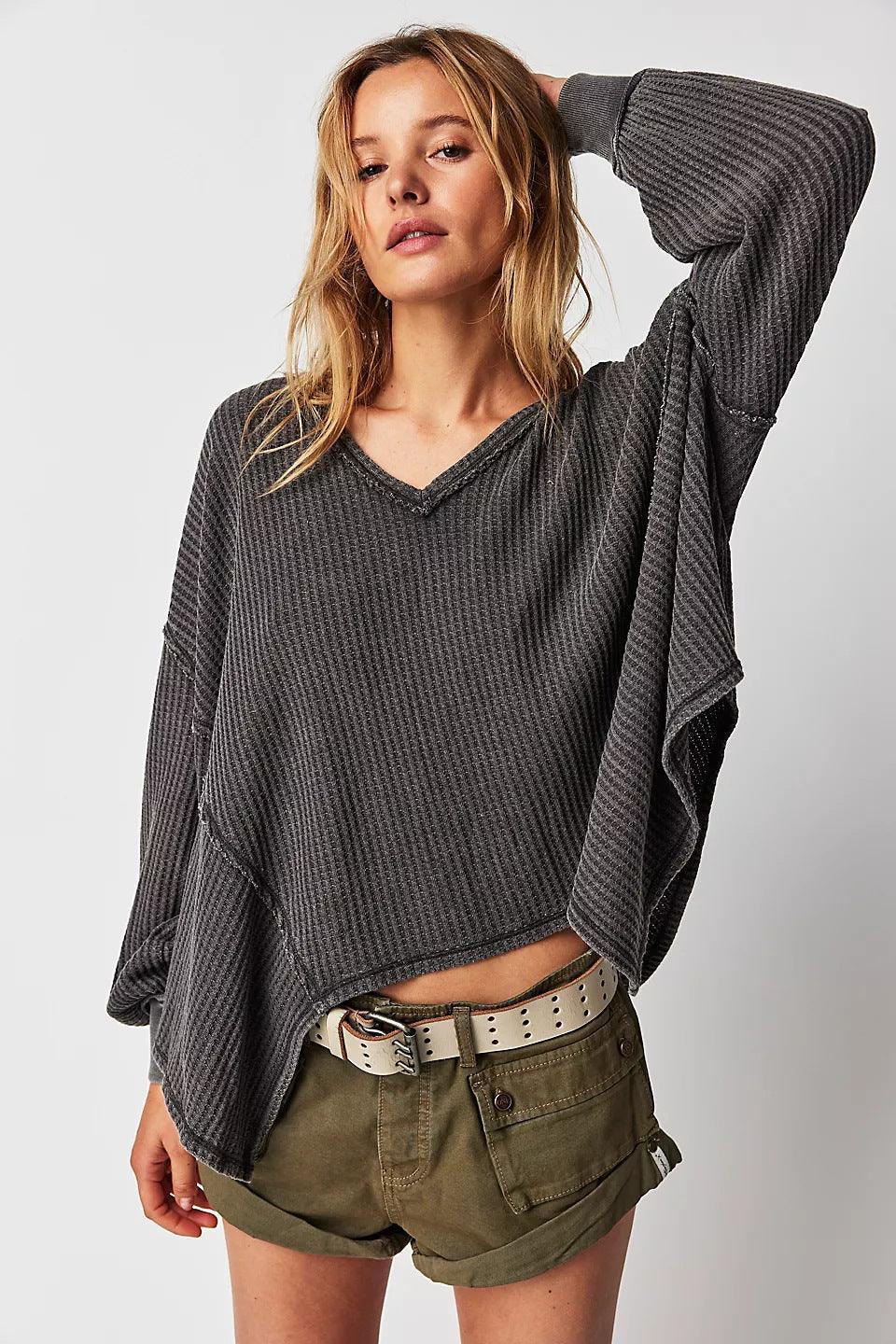 Ladies Solid Color V-neck Slouchy Tee 0124 - SWEETKAMA