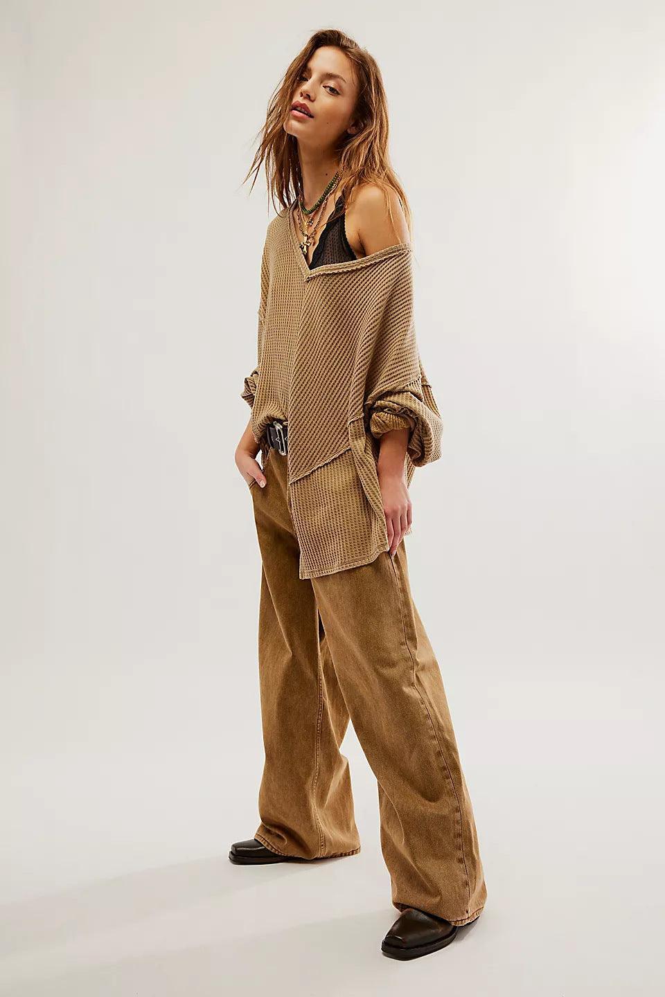 Ladies Solid Color V-neck Slouchy Tee 0124 - SWEETKAMA