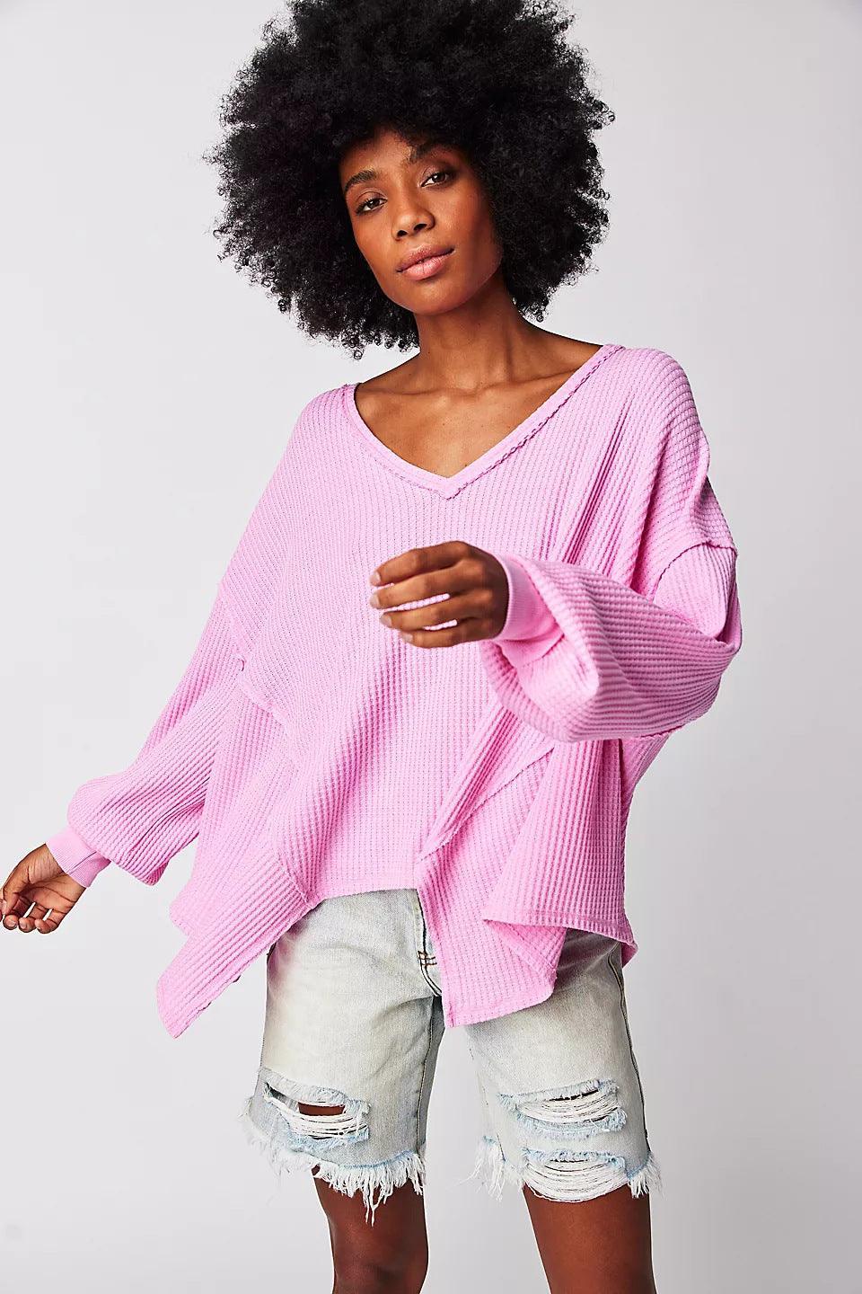 Ladies Solid Color V-neck Slouchy Tee 0124 - SWEETKAMA
