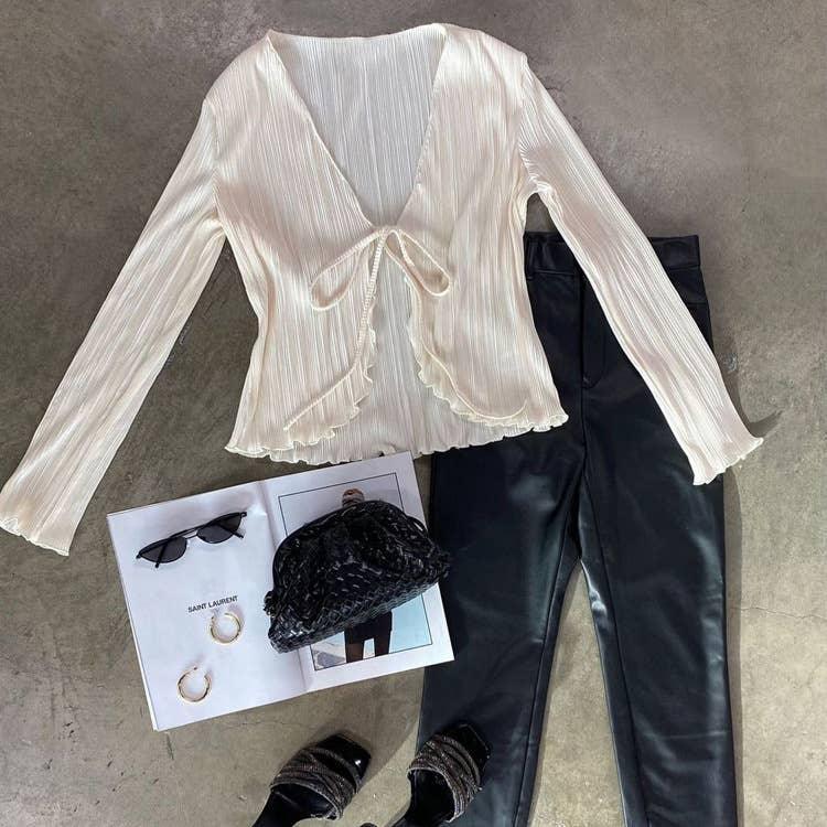 Ladies Solid Color Wrinkle Casual Lace Shirt SY10133T - SWEETKAMA