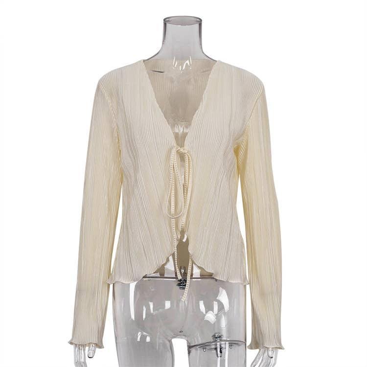Ladies Solid Color Wrinkle Casual Lace Shirt SY10133T - SWEETKAMA