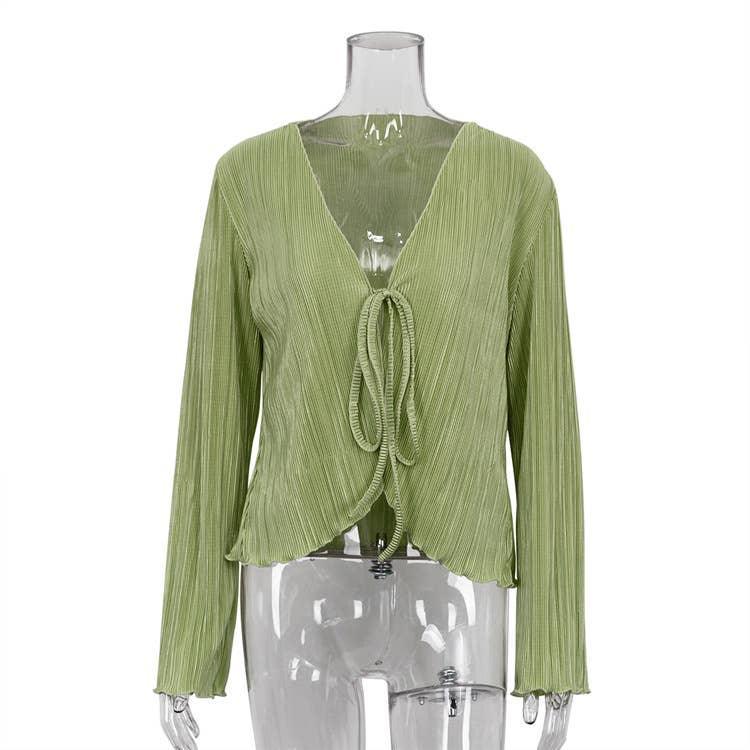 Ladies Solid Color Wrinkle Casual Lace Shirt SY10133T - SWEETKAMA