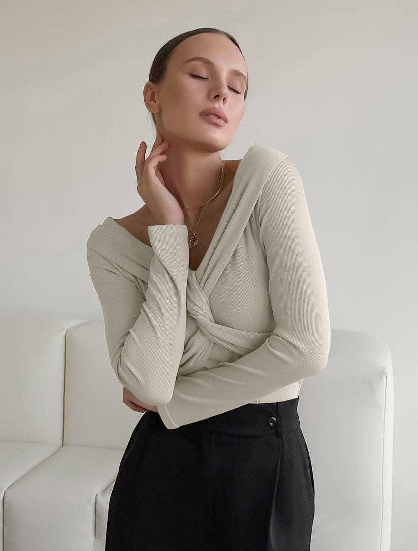 Ladies Solid Cross Off Shoulder Slim Fit Top TX7037 - SWEETKAMA