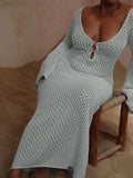 Ladies Solid Deep V-Neck Backless Long Knit Dress FQD1767 - SWEETKAMA
