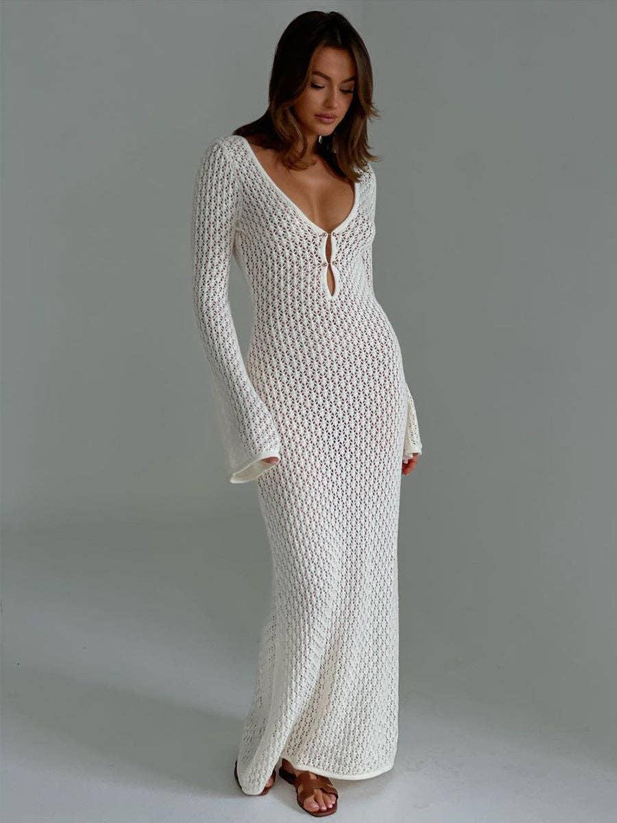 Ladies Solid Deep V-Neck Backless Long Knit Dress FQD1767 - SWEETKAMA